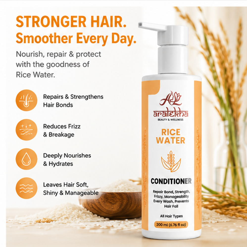 Aralekha Rice Water Conditioner for Dry & Frizzy Strands, Smooth & Manageable Finish, Lightweight Daily Nourishing Formula for All Types, Pump Bottle, 200 ml