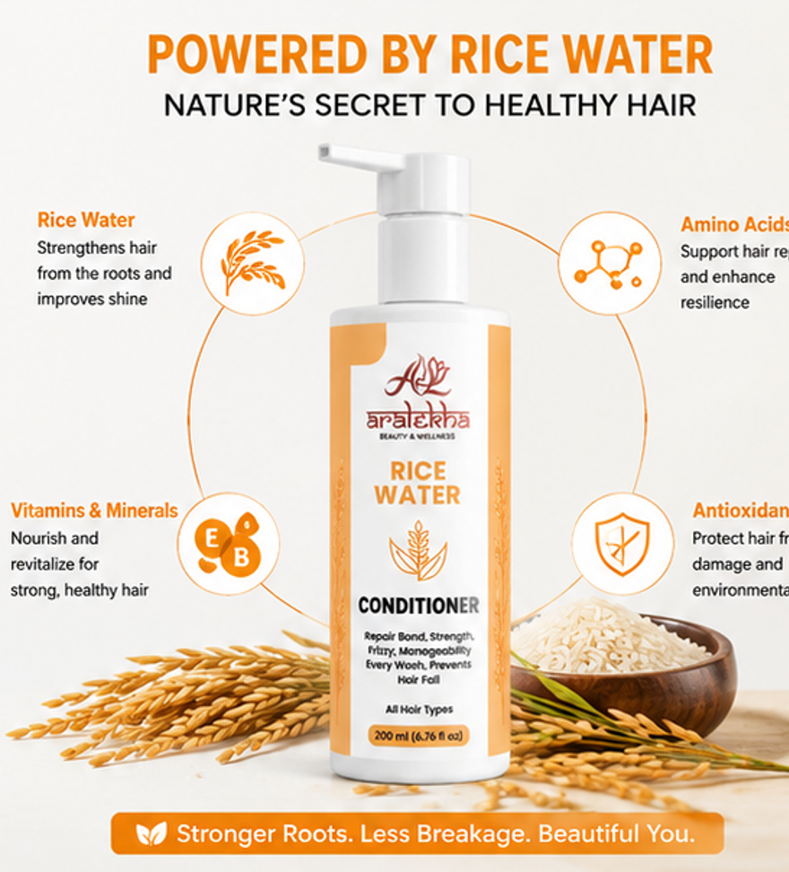 Aralekha Rice Water Conditioner for Dry & Frizzy Strands, Smooth & Manageable Finish, Lightweight Daily Nourishing Formula for All Types, Pump Bottle, 200 ml