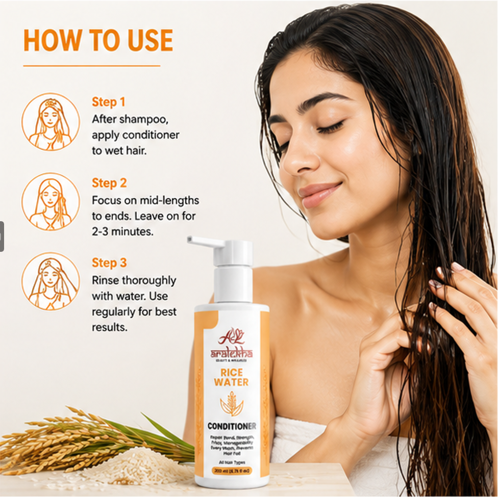 Aralekha Rice Water Conditioner for Dry & Frizzy Strands, Smooth & Manageable Finish, Lightweight Daily Nourishing Formula for All Types, Pump Bottle, 200 ml
