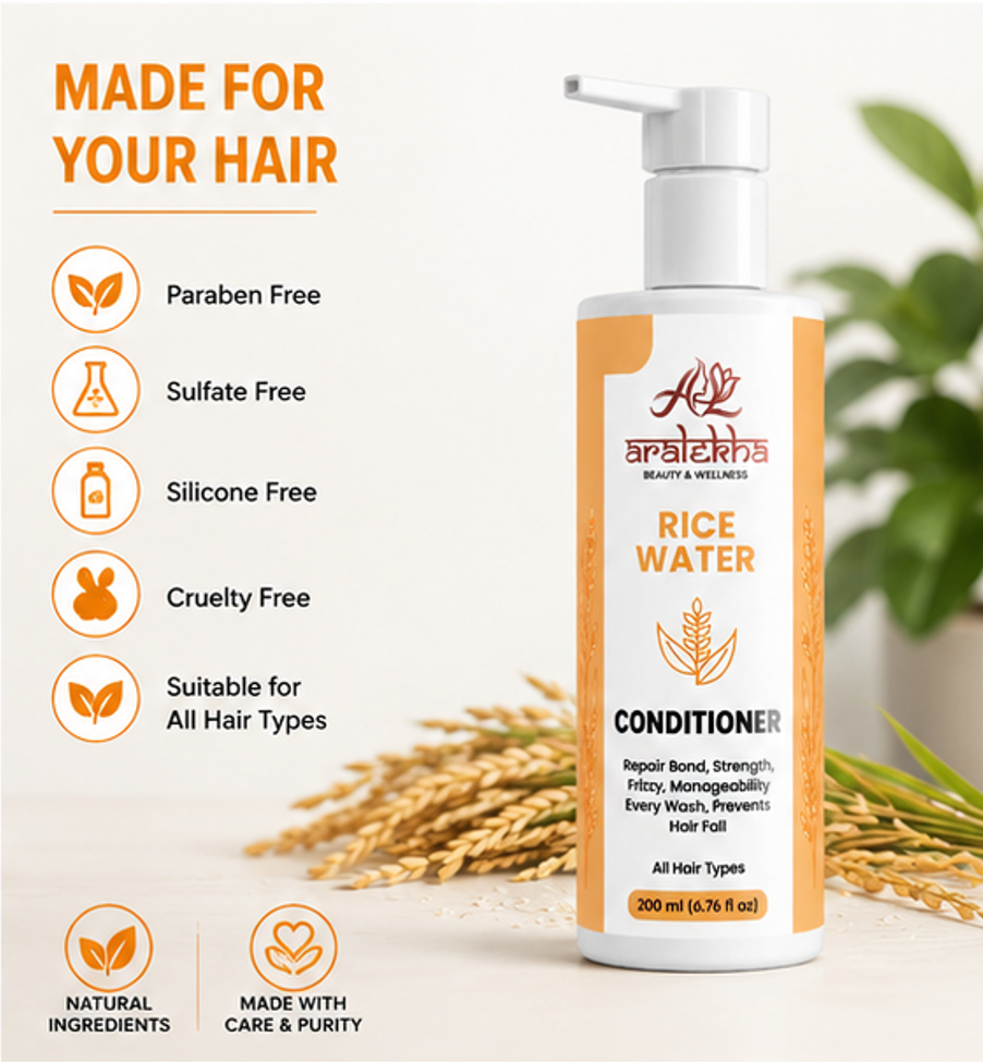 Aralekha Rice Water Conditioner for Dry & Frizzy Strands, Smooth & Manageable Finish, Lightweight Daily Nourishing Formula for All Types, Pump Bottle, 200 ml