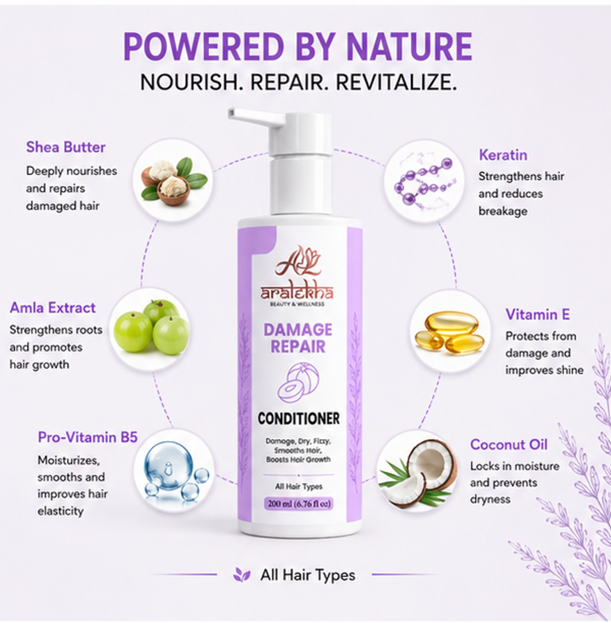 Aralekha Damage Repair Conditioner for Dry & Frizzy Strands, Smooth & Manageable Finish, Lightweight Daily Conditioning Formula for All Types, 200 ml