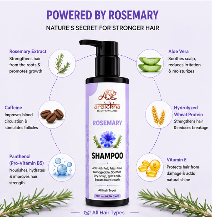 Aralekha Rosemary Cleansing Shampoo for Smooth & Manageable Strands | Refreshing Daily Care Formula for Dry Scalp & Frizzy Texture | Suitable for All Types | 200 ml