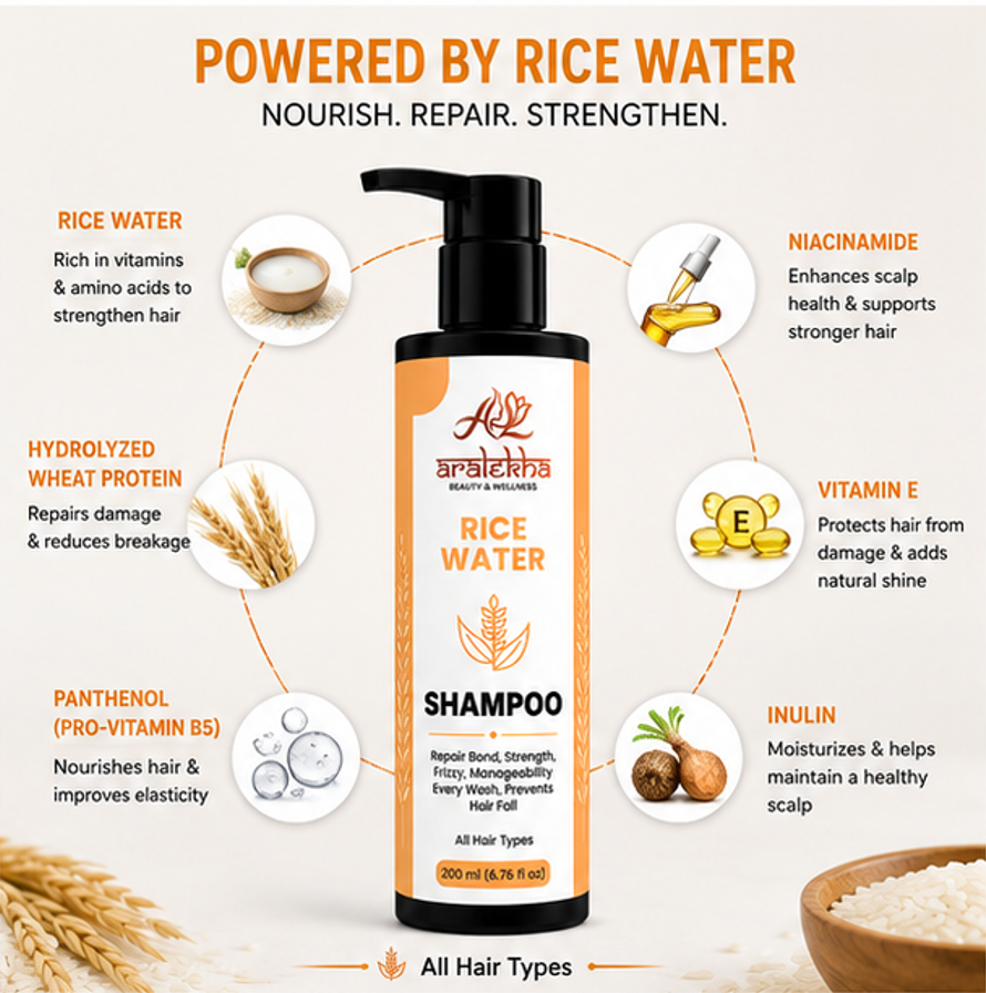 Aralekha Rice Water Cleansing Shampoo for Smooth & Manageable Strands | Refreshing Daily Care Formula for Dry & Frizzy Texture | Suitable for All Types | 200 ml