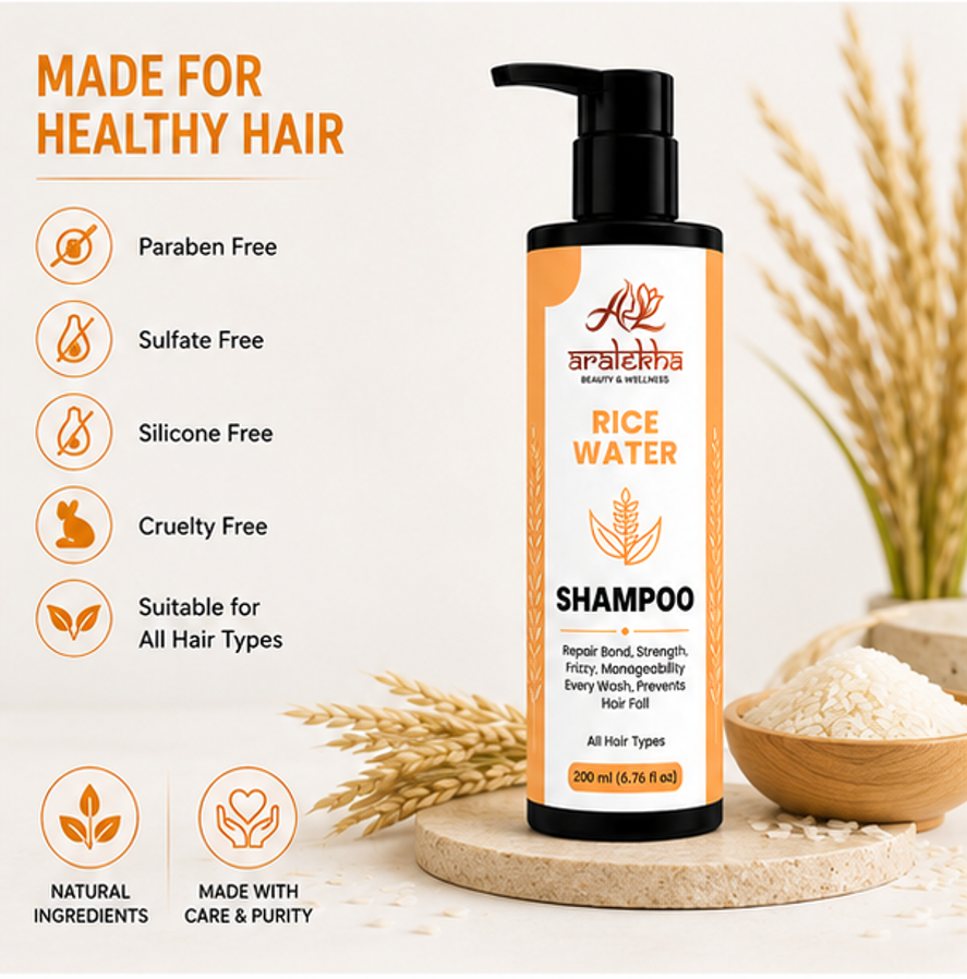 Aralekha Rice Water Cleansing Shampoo for Smooth & Manageable Strands | Refreshing Daily Care Formula for Dry & Frizzy Texture | Suitable for All Types | 200 ml