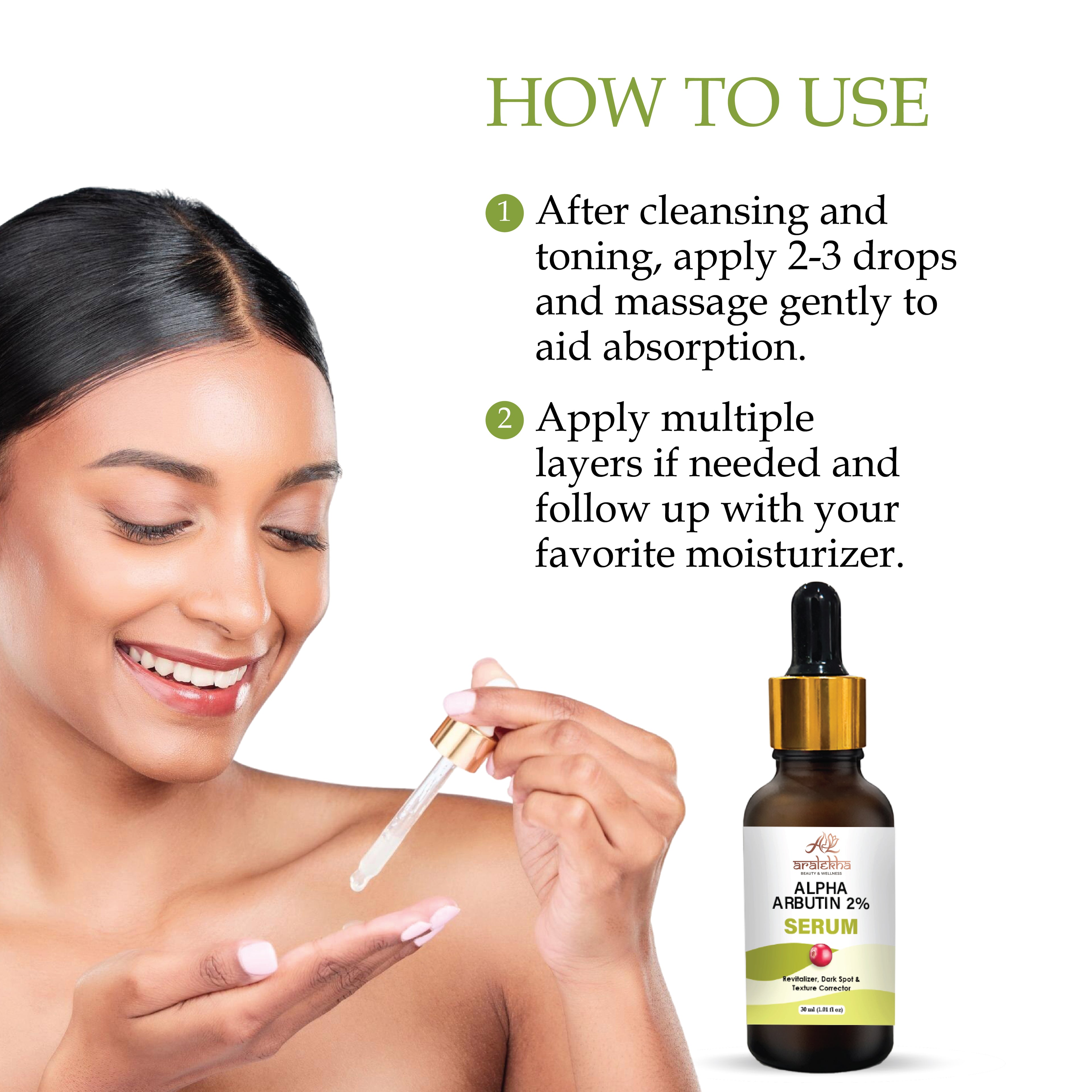 Aralekha Alpha Arbutin 2% Face Serum for Dark Spots, Uneven Skin Tone & Texture Care | Lightweight Brightening Facial Serum for Men & Women 30ml