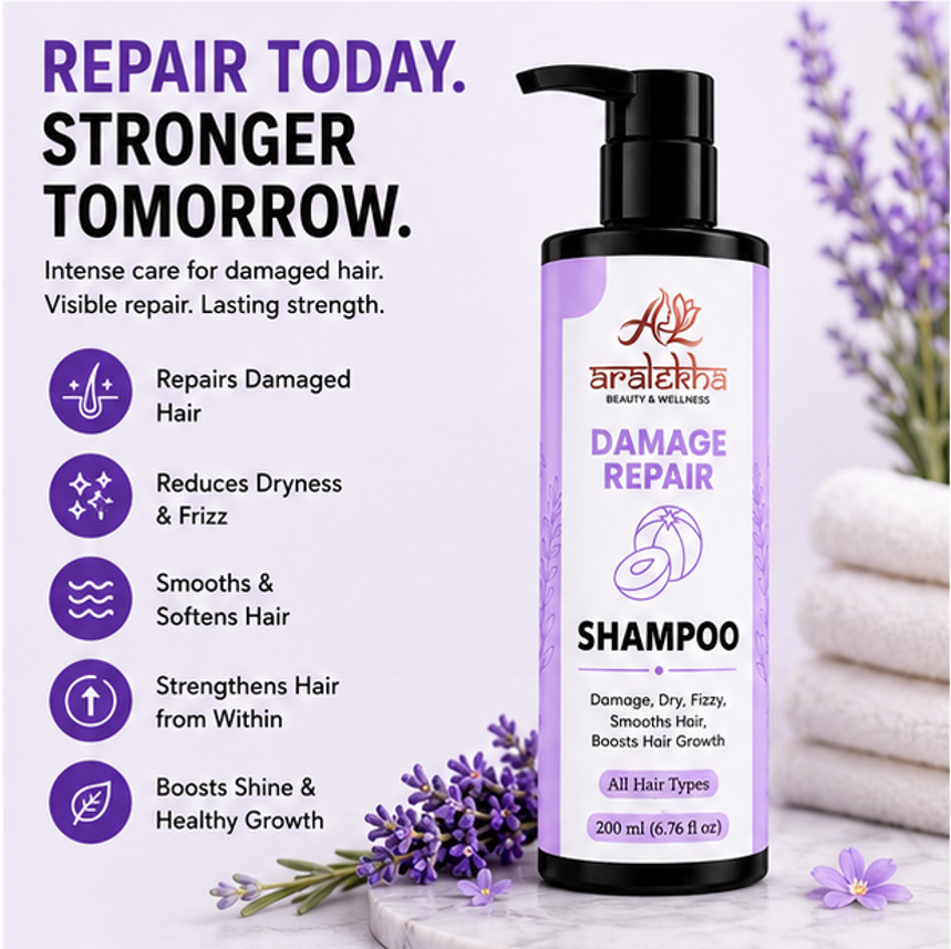 Aralekha Damage Repair Cleansing Shampoo for Dry & Frizzy Strands | Smooth & Nourished Look | Daily Care Formula for Men & Women | 200 ml