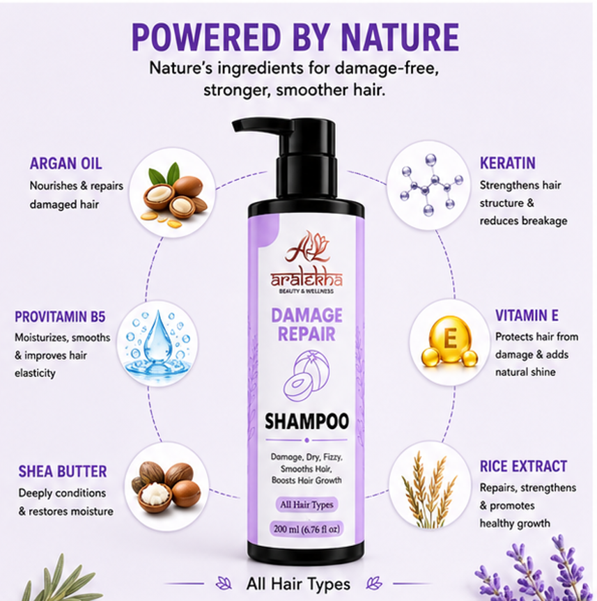 Aralekha Damage Repair Cleansing Shampoo for Dry & Frizzy Strands | Smooth & Nourished Look | Daily Care Formula for Men & Women | 200 ml