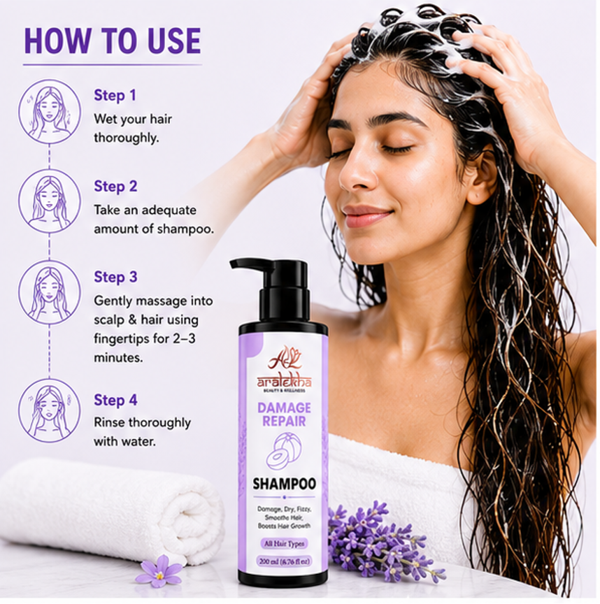 Aralekha Damage Repair Cleansing Shampoo for Dry & Frizzy Strands | Smooth & Nourished Look | Daily Care Formula for Men & Women | 200 ml