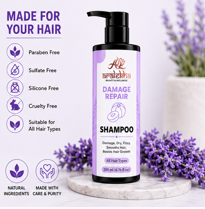 Aralekha Damage Repair Cleansing Shampoo for Dry & Frizzy Strands | Smooth & Nourished Look | Daily Care Formula for Men & Women | 200 ml