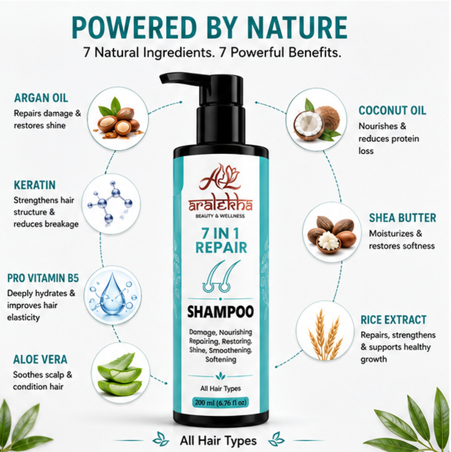 Aralekha 7 in 1 Repair Shampoo for Daily Cleansing & Nourishing Care | Smooth & Manageable Looking Strands | Suitable for All Types 200ml
