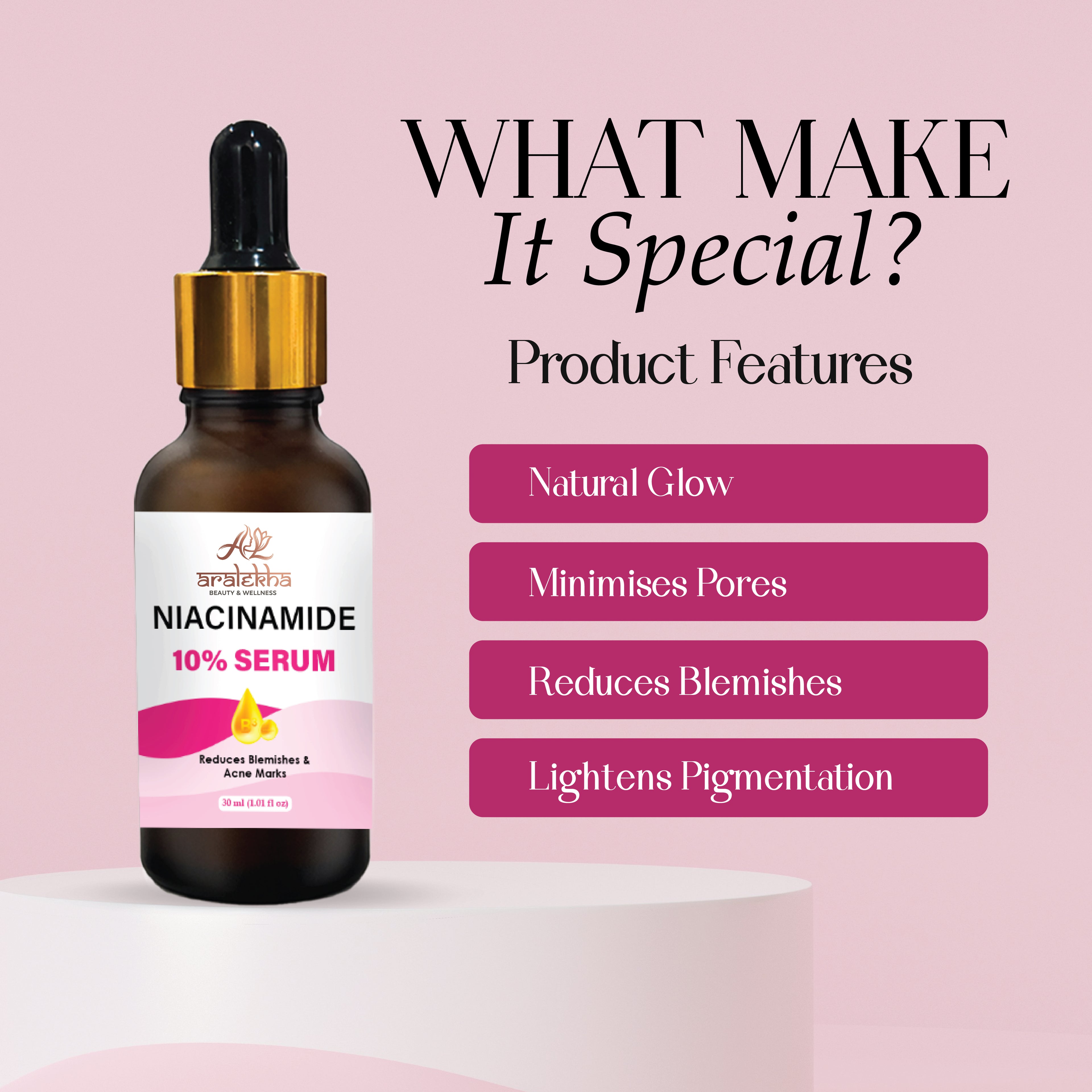 Aralekha Niacinamide 10% Face Serum for Blemishes, Acne Marks & Smooth Skin Texture | Lightweight Facial Serum for Oily & Acne-Prone Skin 30ml