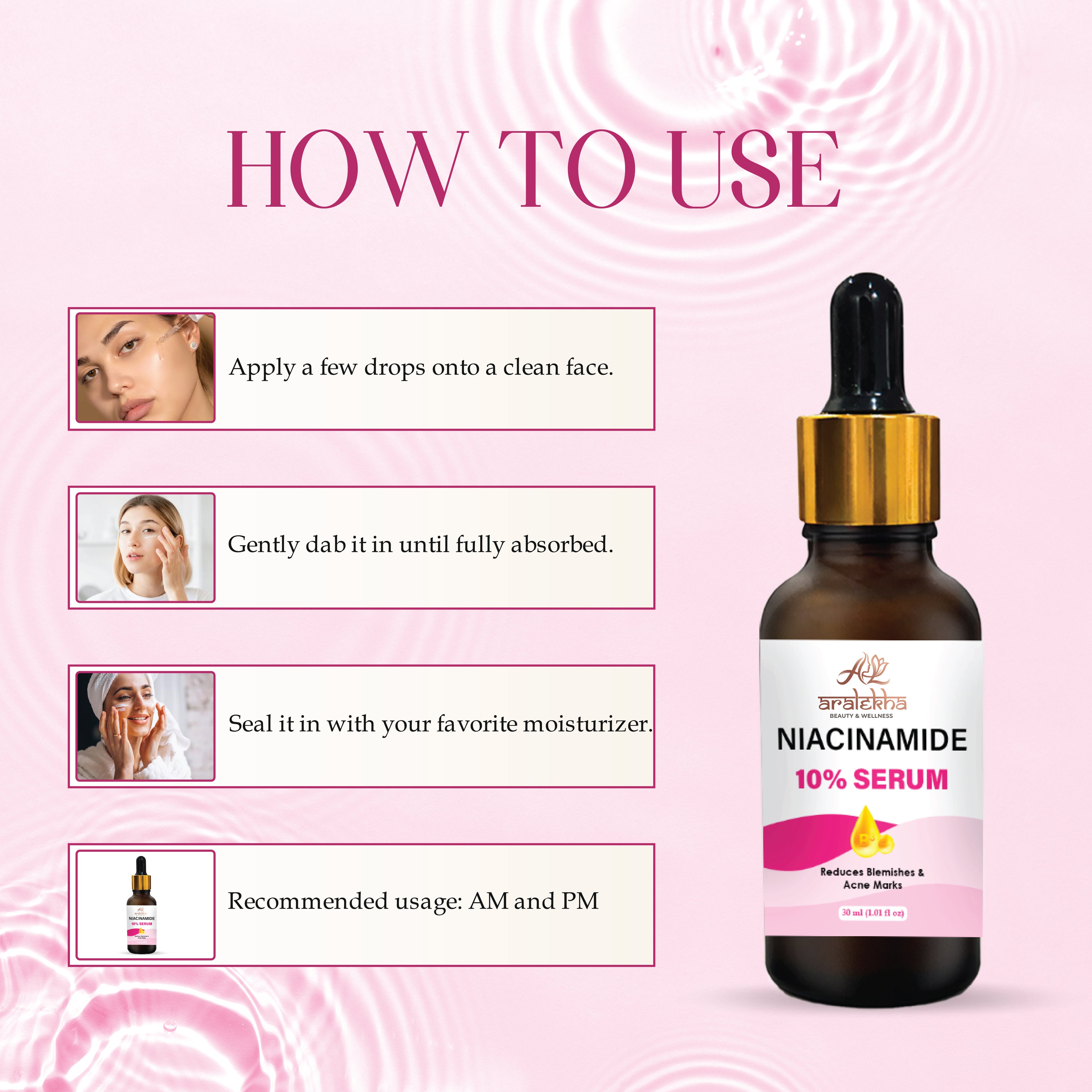 Aralekha Niacinamide 10% Face Serum for Blemishes, Acne Marks & Smooth Skin Texture | Lightweight Facial Serum for Oily & Acne-Prone Skin 30ml