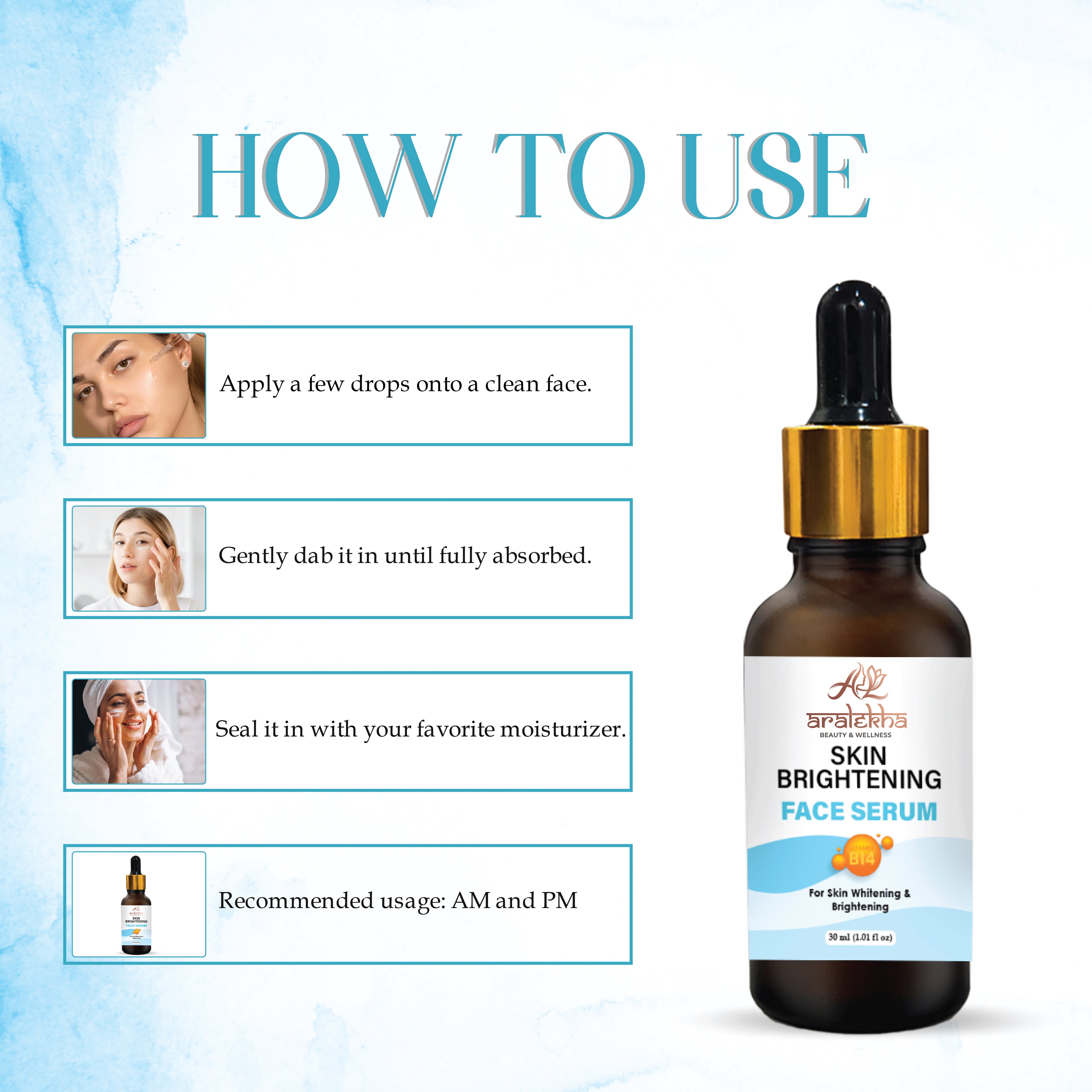 Aralekha Skin Brightening Face Serum with Vitamin B14 for Dull & Uneven Looking Skin | Lightweight Hydrating Facial Serum for Men & Women 30ml