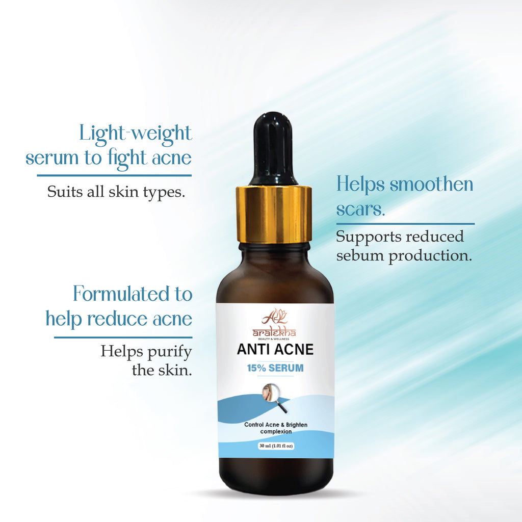 Aralekha Anti Acne Face Serum 15 Percent Formula for Blemish Prone Skin Helps Improve Skin Clarity Supports Smoother Looking Skin Lightweight Facial Serum 30 ml