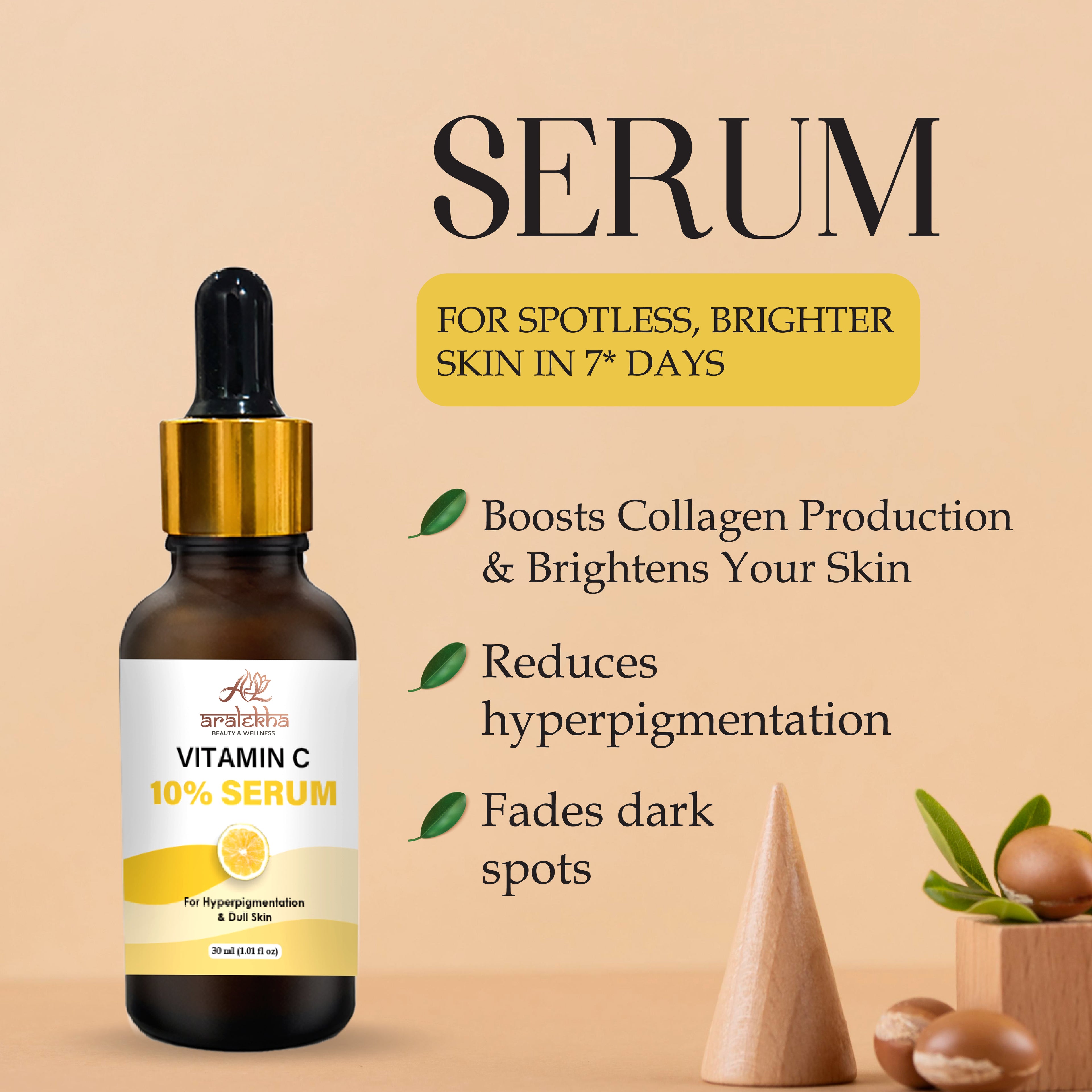 Aralekha Vitamin C 10% Face Serum for Dull Looking Skin & Uneven Skin Tone | Lightweight Brightening Facial Serum for Men & Women 30ml