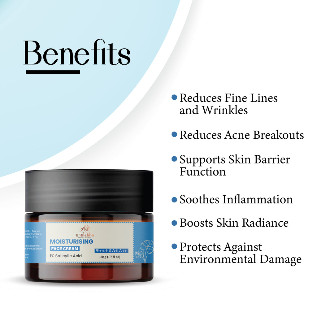 Aralekha Moisturising Face Cream with 1% Salicylic Acid for Blemish & Acne Care | Lightweight Non-Greasy Daily Face Moisturizer for Men & Women 50g