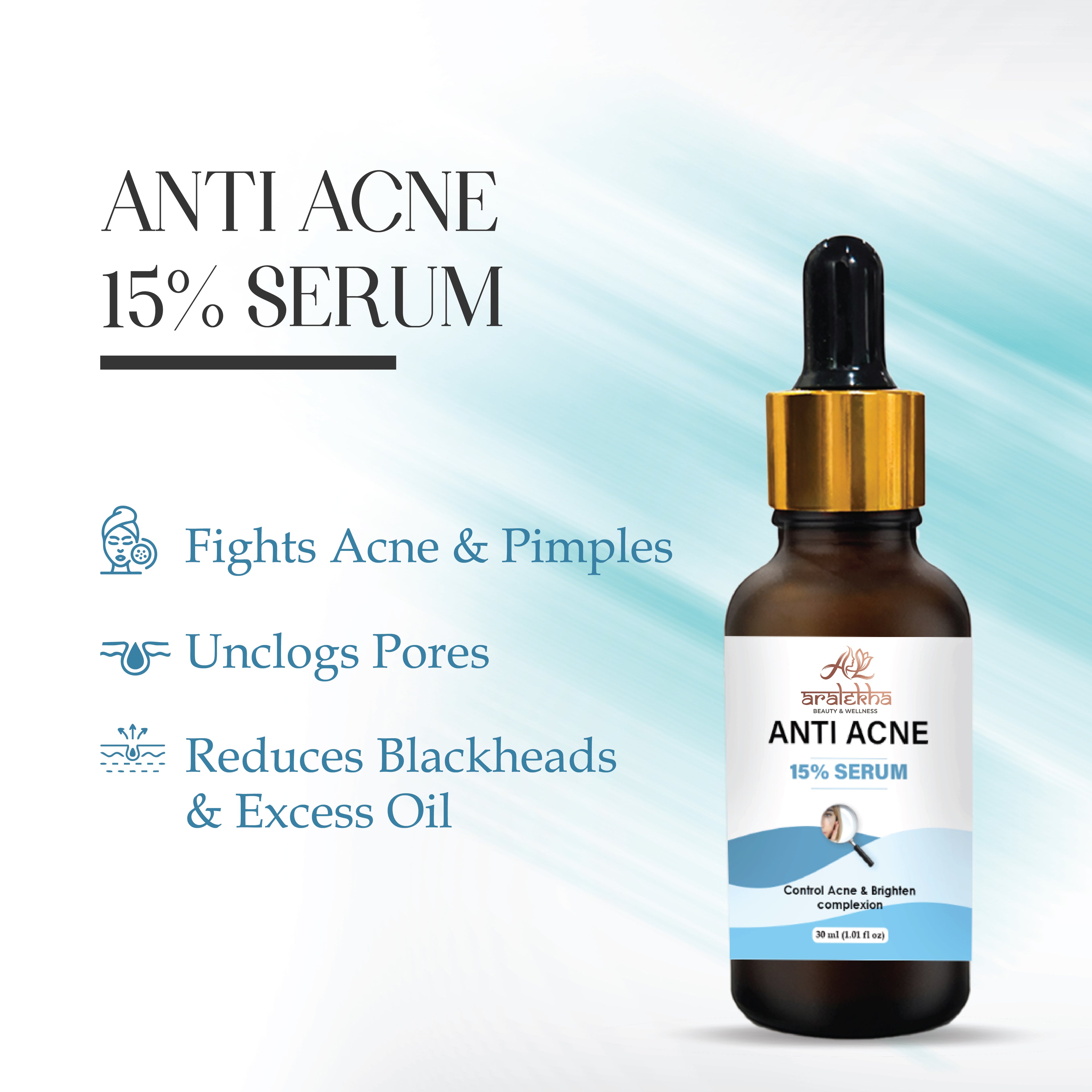 Aralekha Anti Acne Face Serum 15 Percent Formula for Blemish Prone Skin Helps Improve Skin Clarity Supports Smoother Looking Skin Lightweight Facial Serum 30 ml