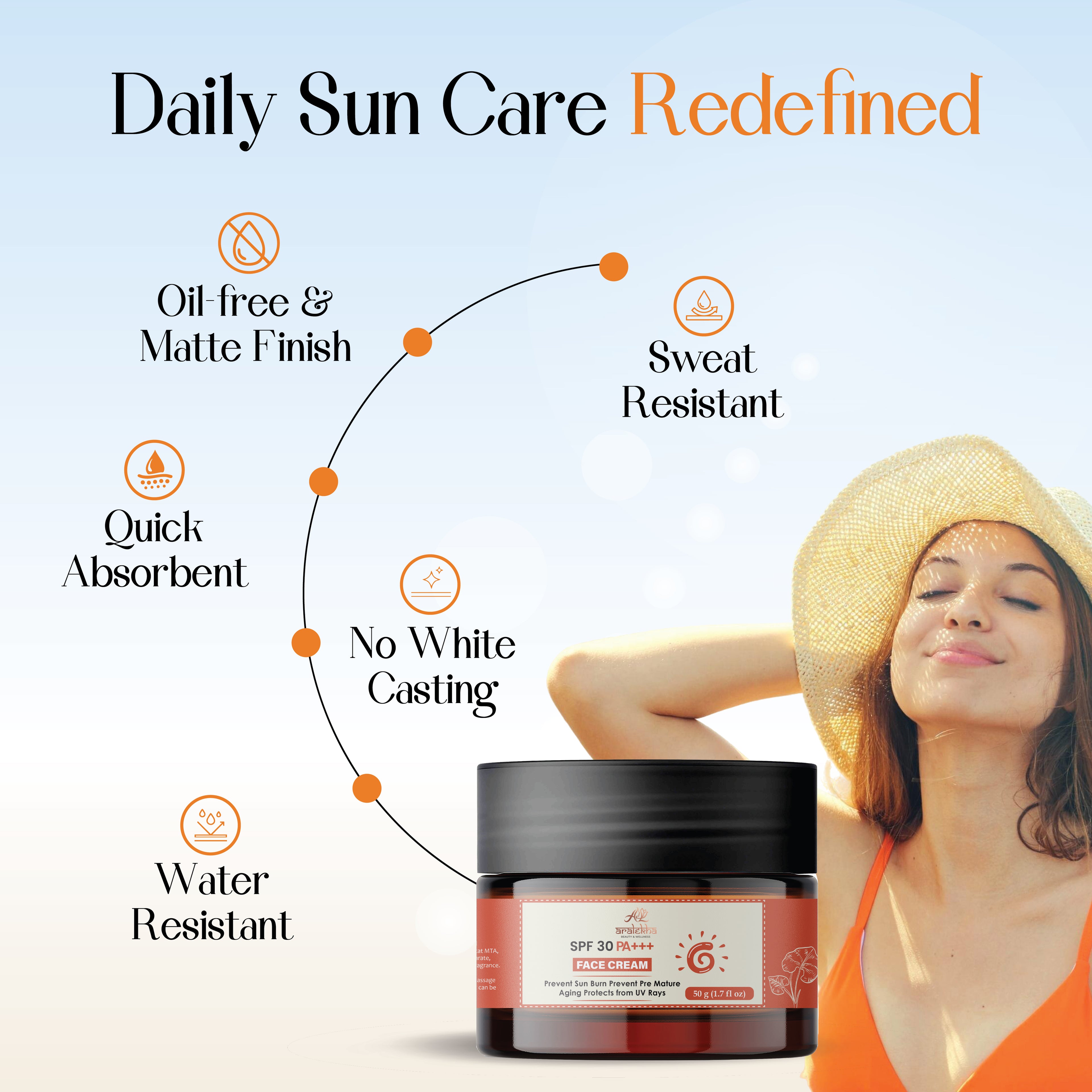 Aralekha SPF 30 PA+++ Face Cream for Daily Sun Protection & Moisturizing Care | Lightweight Non-Greasy UV Protection Cream for Men & Women 50g