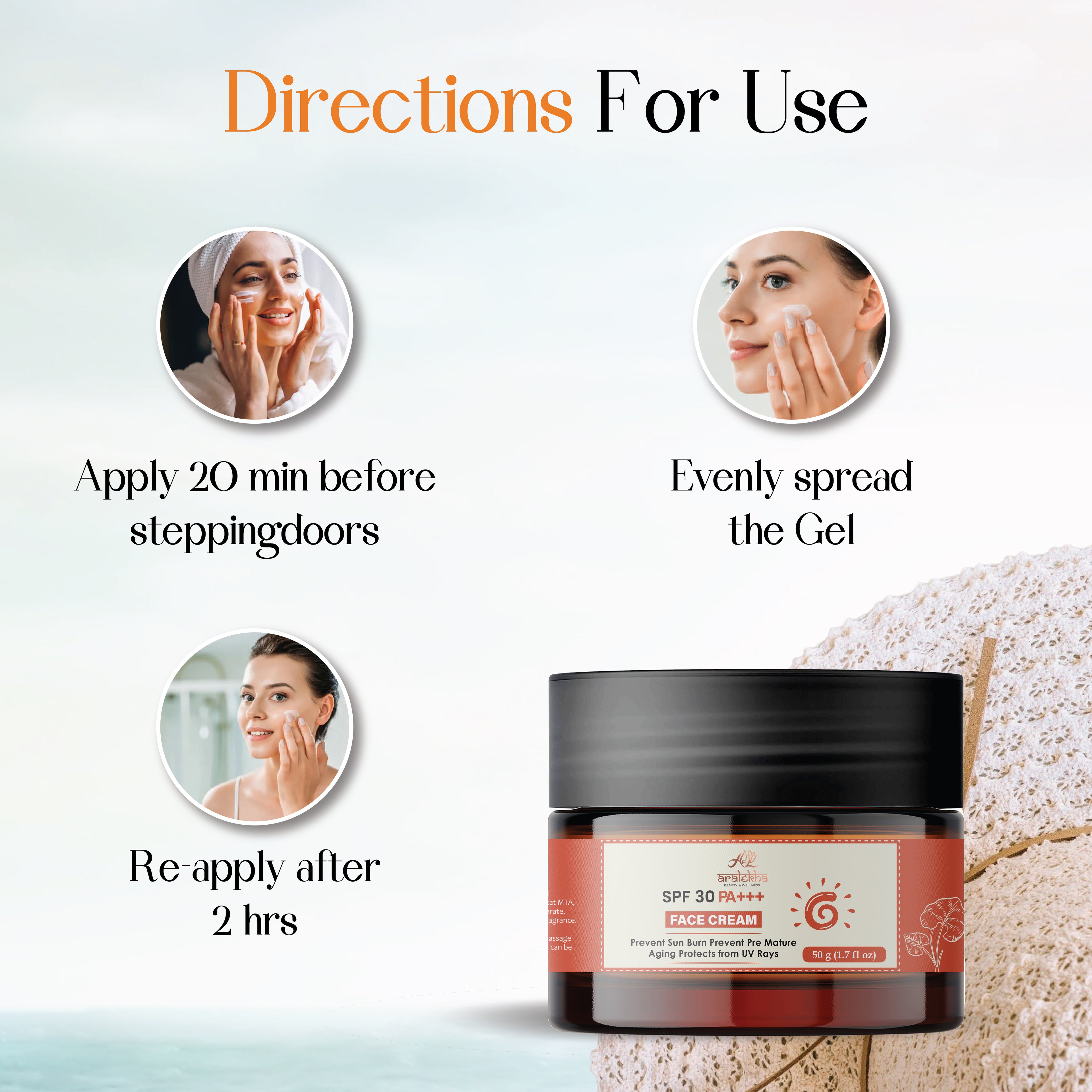 Aralekha SPF 30 PA+++ Face Cream for Daily Sun Protection & Moisturizing Care | Lightweight Non-Greasy UV Protection Cream for Men & Women 50g