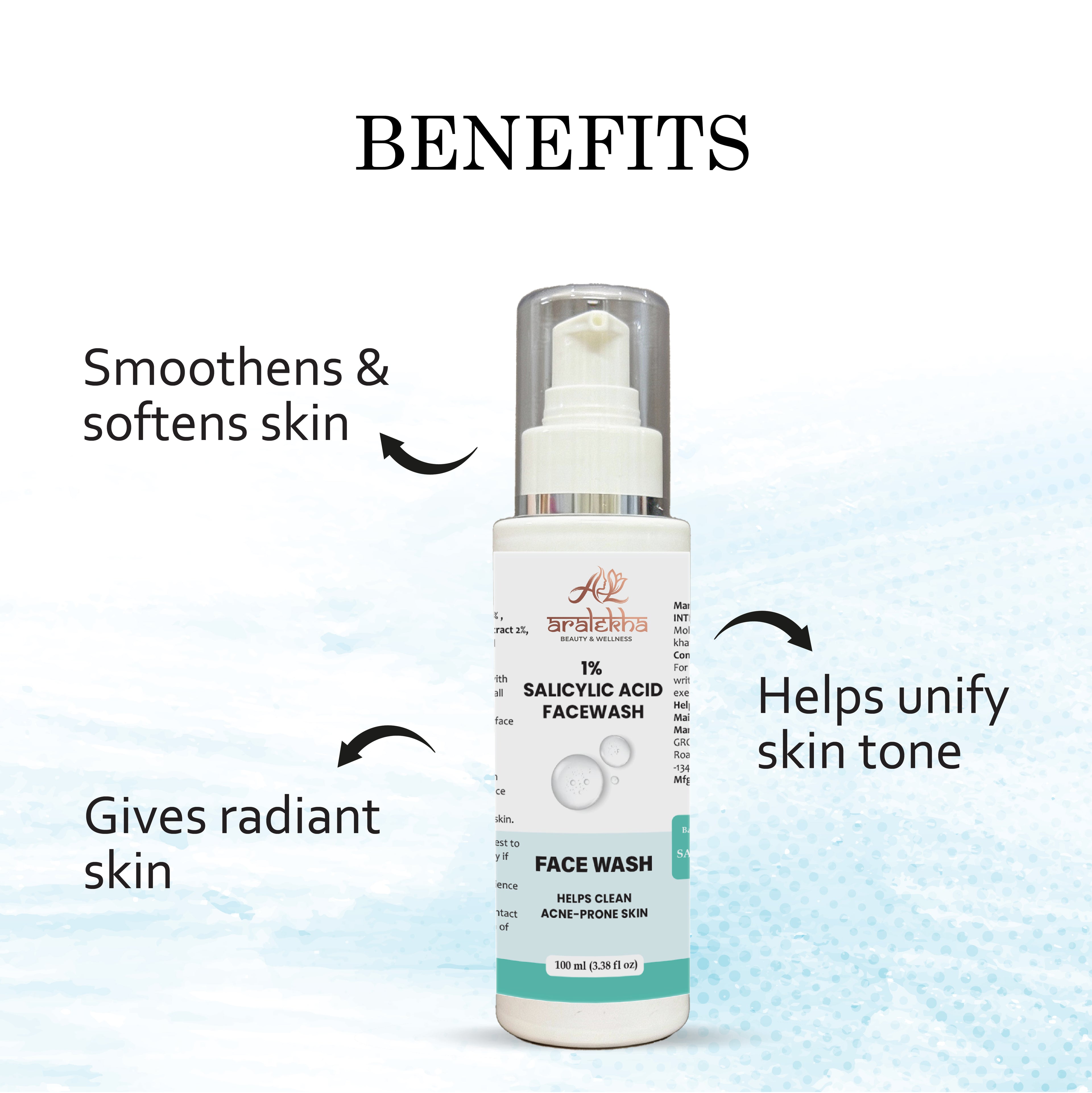 Aralekha 1% Salicylic Acid Face Wash for Acne-Prone & Oily Skin | Lightweight Daily Facial Cleanser for Deep Cleansing & Fresh Looking Skin 100ml