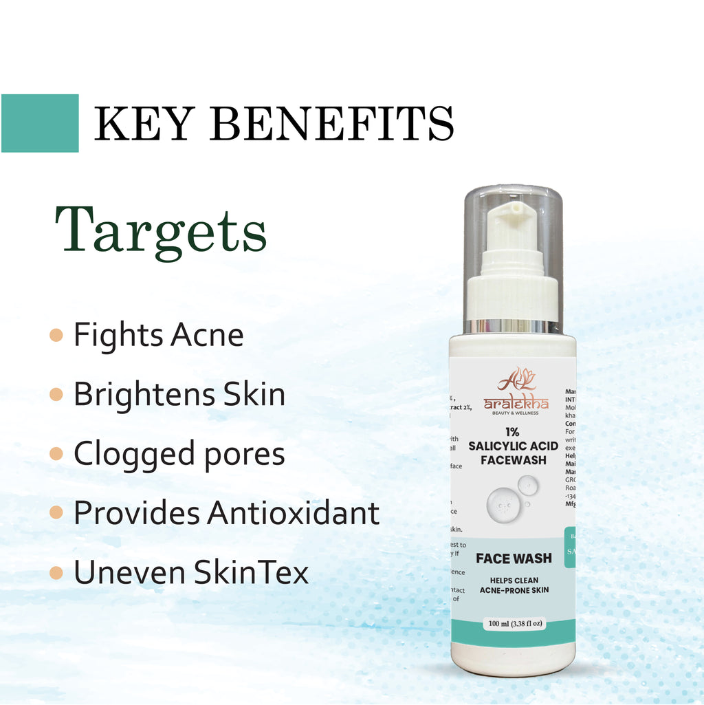 Aralekha 1% Salicylic Acid Face Wash for Acne-Prone & Oily Skin | Lightweight Daily Facial Cleanser for Deep Cleansing & Fresh Looking Skin 100ml
