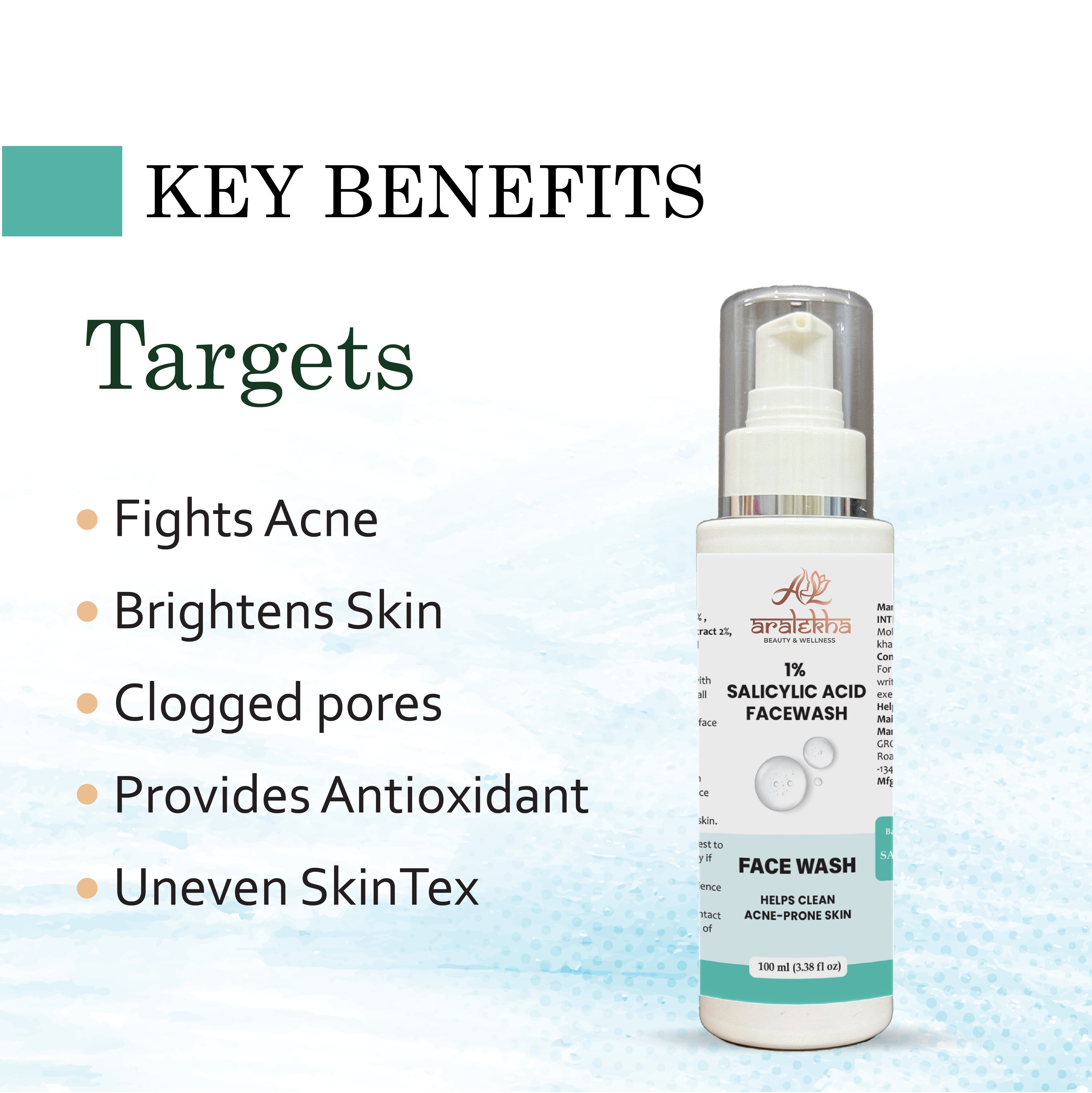 Aralekha 1% Salicylic Acid Face Wash for Acne-Prone & Oily Skin | Lightweight Daily Facial Cleanser for Deep Cleansing & Fresh Looking Skin 100ml