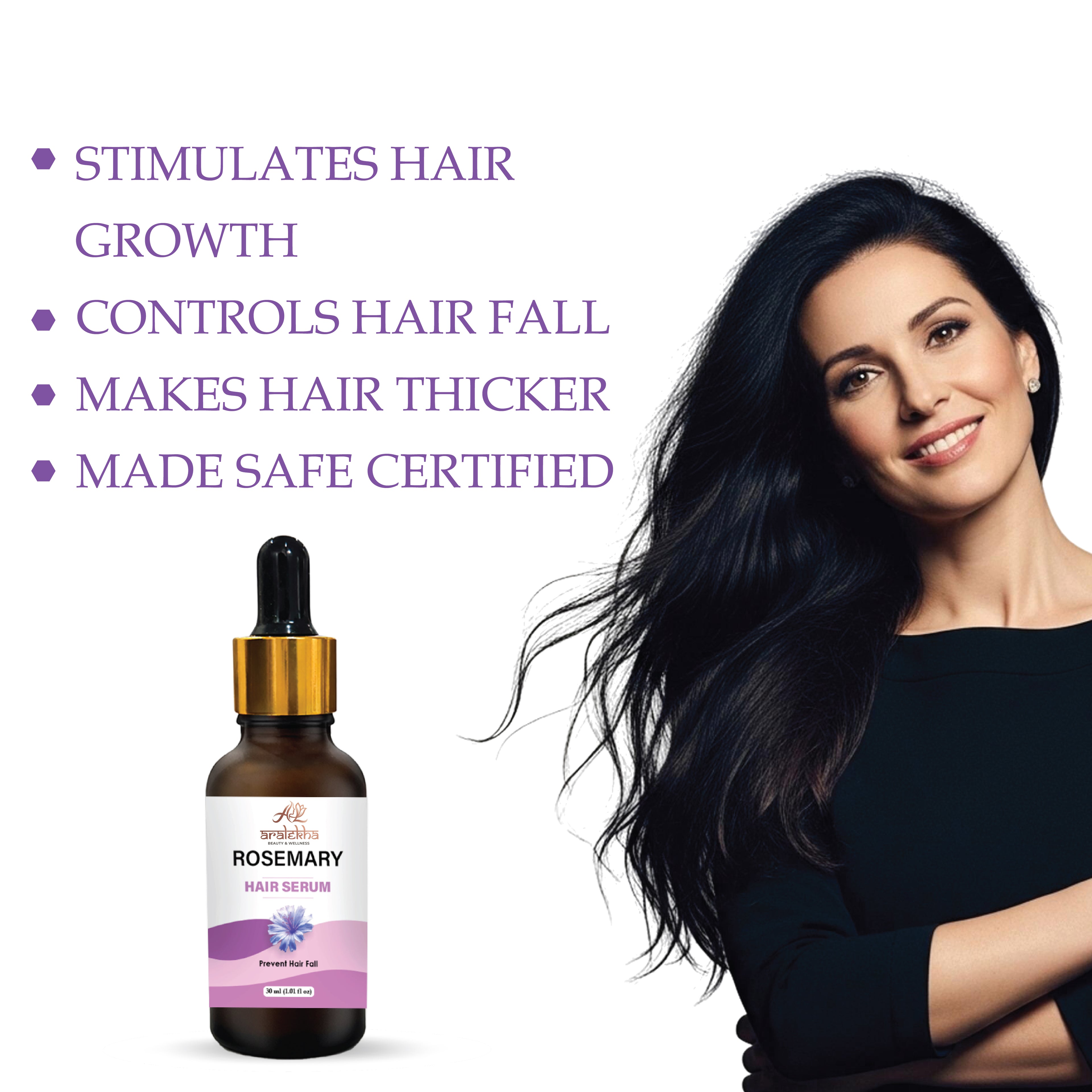 Aralekha Rosemary Hair Serum for Hair Fall Control, Smooth & Healthy Looking Hair | Lightweight Non-Sticky Hair Care Serum for Men & Women 30ml