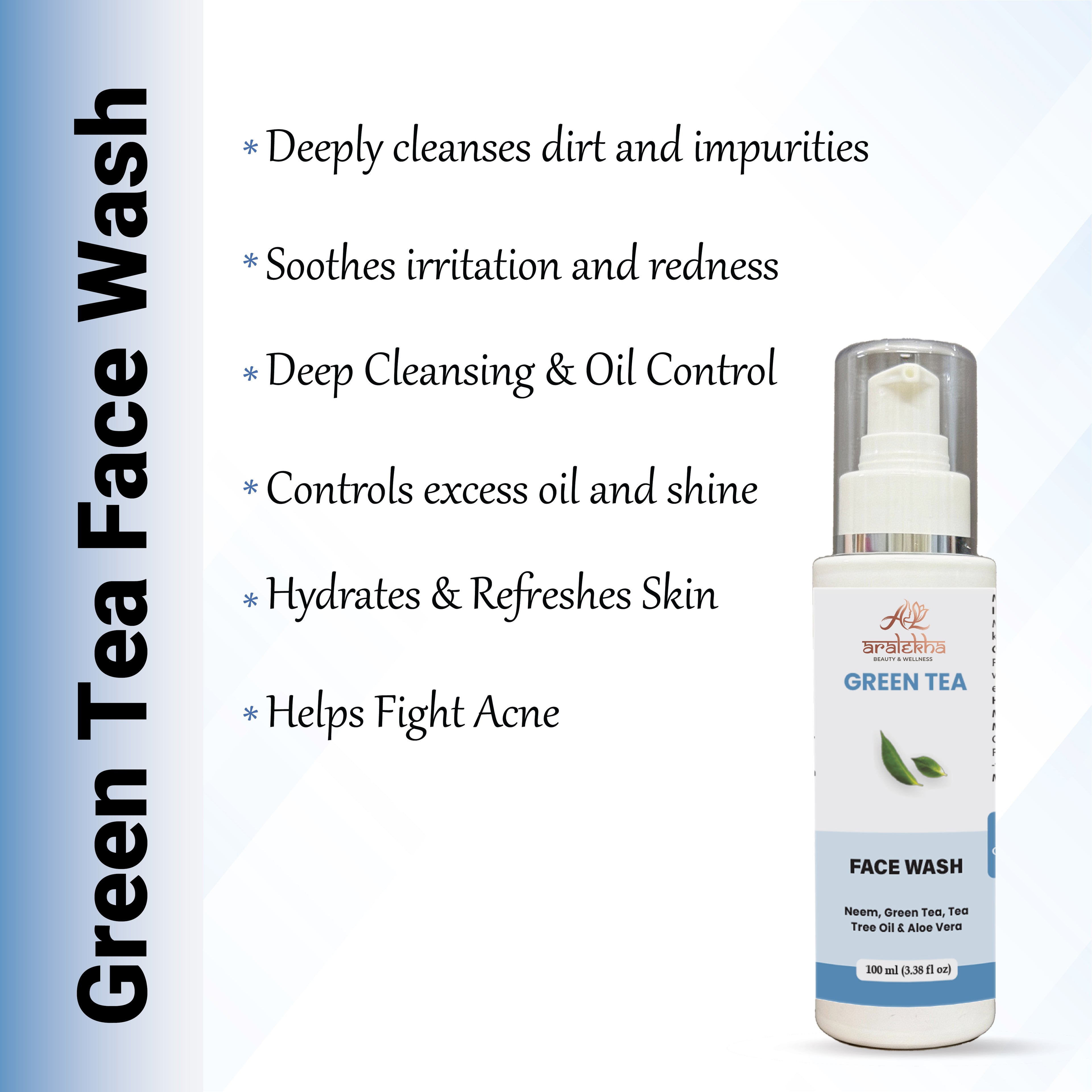 Aralekha Green Tea Face Wash with Neem, Tea Tree Oil & Aloe Vera for Fresh & Clean Looking Skin | Daily Facial Cleanser for Men & Women 100ml