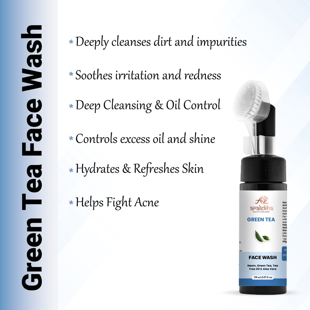 Aralekha Green Tea Face Wash with Neem, Tea Tree Oil & Aloe Vera for Fresh & Clean Looking Skin | Daily Facial Cleanser for Men & Women 150ml
