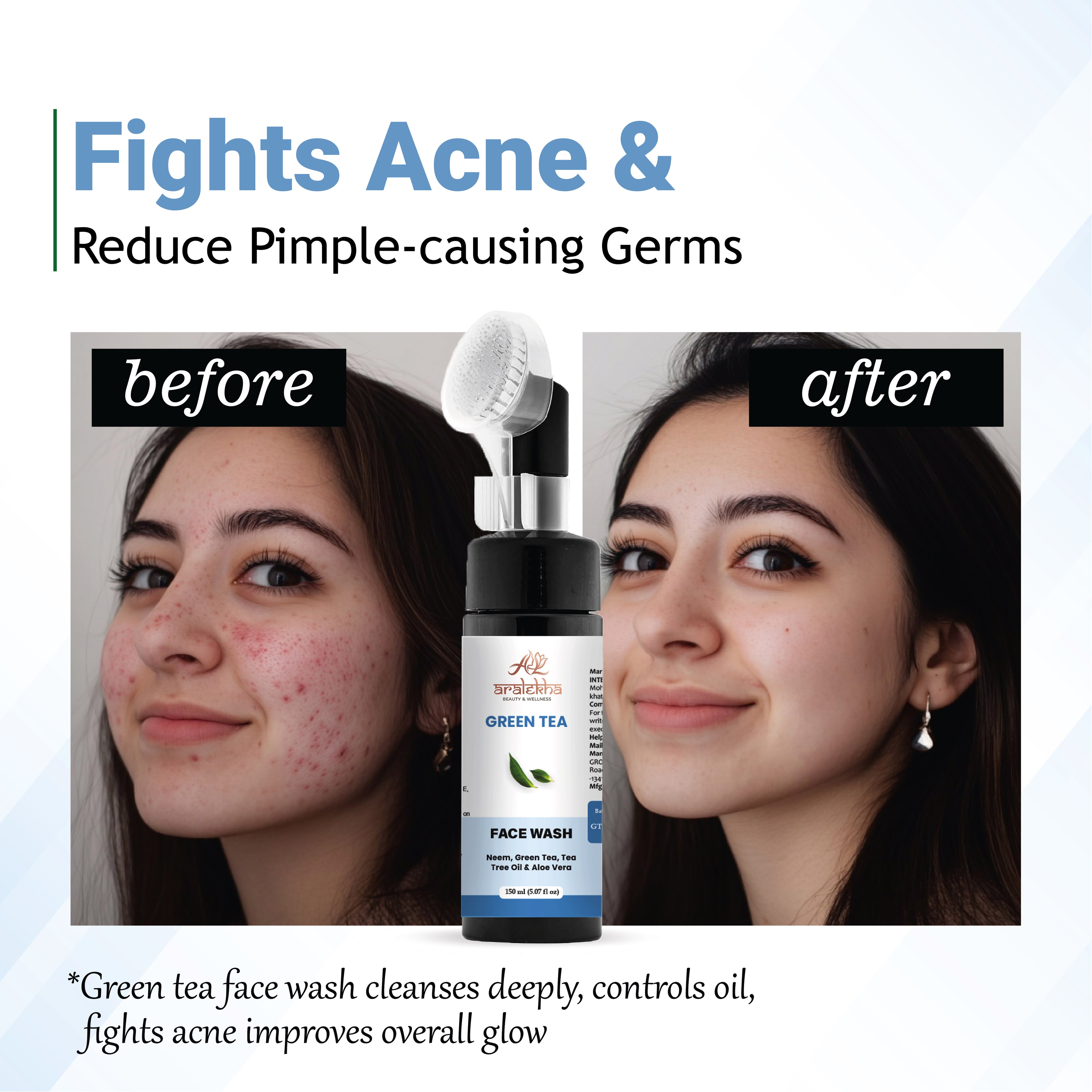 Aralekha Green Tea Face Wash with Neem, Tea Tree Oil & Aloe Vera for Fresh & Clean Looking Skin | Daily Facial Cleanser for Men & Women 150ml