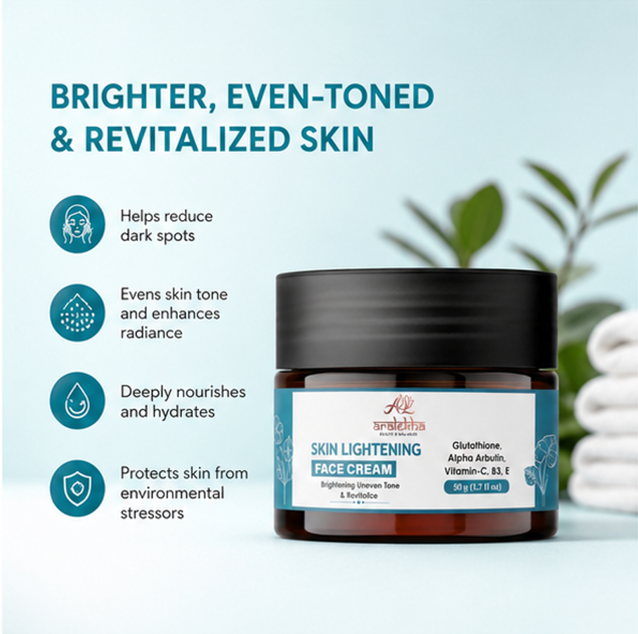 Aralekha Skin Lightening Face Cream with Glutathione, Alpha Arbutin, Vitamin C, B3 & E, Lightweight Moisturizing Formula for Uneven Tone Care, 50 g