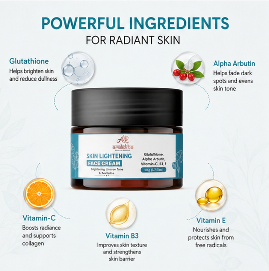 Aralekha Skin Lightening Face Cream with Glutathione, Alpha Arbutin, Vitamin C, B3 & E, Lightweight Moisturizing Formula for Uneven Tone Care, 50 g