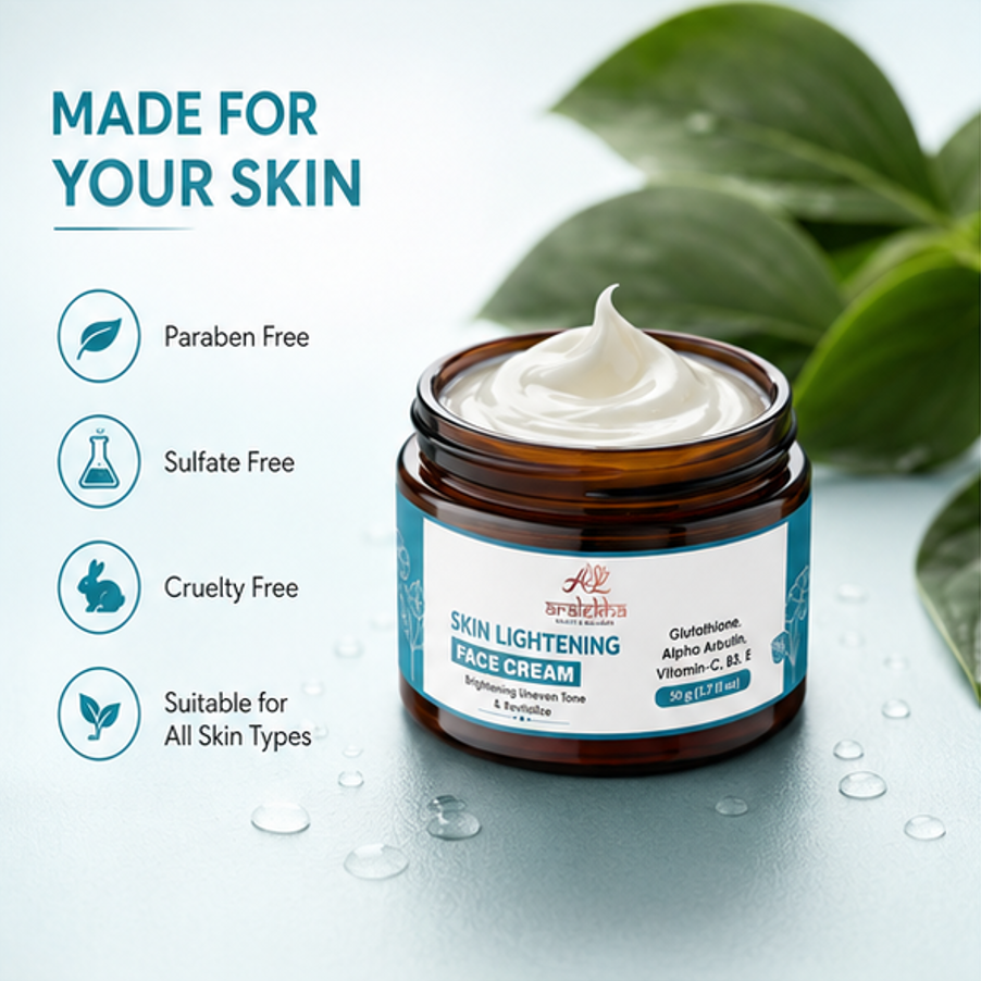 Aralekha Skin Lightening Face Cream with Glutathione, Alpha Arbutin, Vitamin C, B3 & E, Lightweight Moisturizing Formula for Uneven Tone Care, 50 g